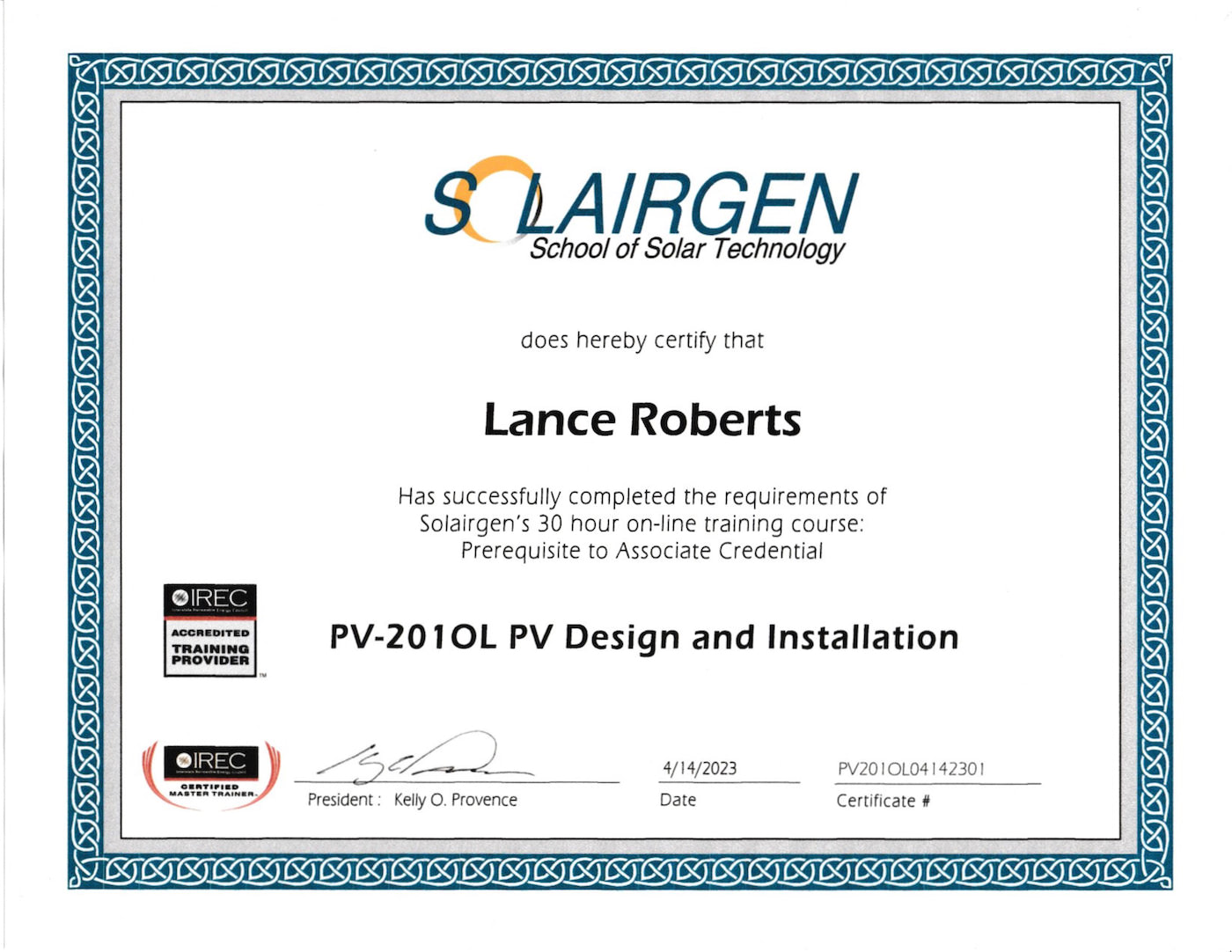 Lance Roberts - SOLAIREGN Solar Certificate